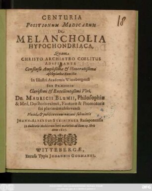 Centuria Positionum Medicarum De Melancholia Hypochondriaca