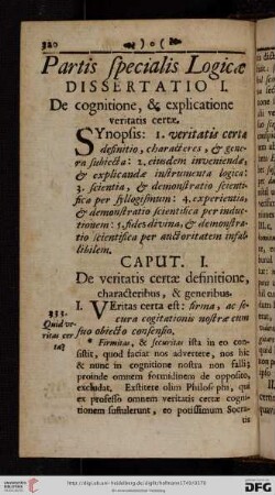 Dissertatio I: De cognitione, & exlicatione veritatis certae