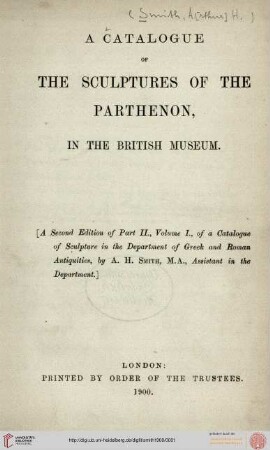 A Catalogue of the sculptures of the Parthenon, in the British Museum