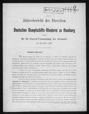 1883(1884): Jahresbericht der Direction der Deutschen Dampfschiffs-Rhederei zu Hamburg