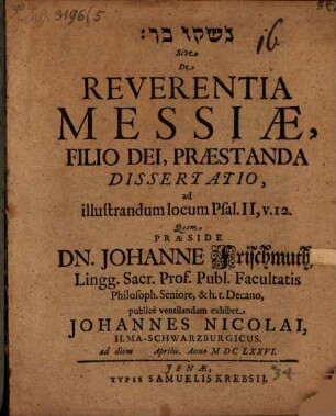 Naššeqû bar Sive, De Reverentia Messiae, Filio Dei, Praestanda Dissertatio : ad illustrandum locum Psal. II, v. 12