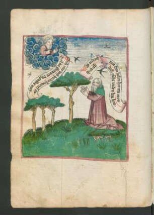 Kniender Mann (Abraham), in den Wolken Gott (Spruchbänder, fliegende Vögel am Himmel)