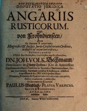 Disputatio Juridica De Angariis Rusticorum, vulgò, von Frohndiensten