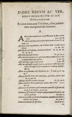 Index Rerum Ac Verborum Memorabilium In Hoc libello contentorum, Primus numerus Titulum, alter numerum marginalem denotat.