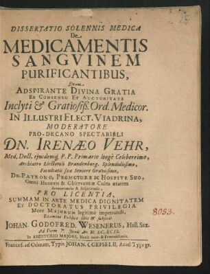 Dissertatio Solennis Medica De Medicamentis Sanguinem Purificantibus