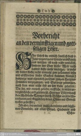 Vorbericht an den vernünfftigen und gottseligen Leser
