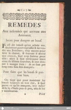 Remèdes aux infirmités qui arrivent aux animaux