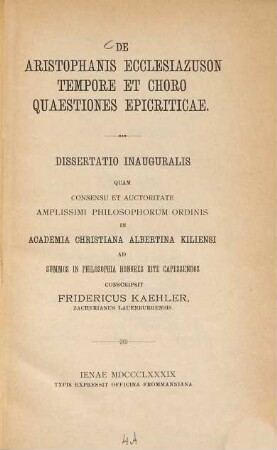 De Aristophanis Ecclesiazuson tempore et choro quaestiones epicriticae
