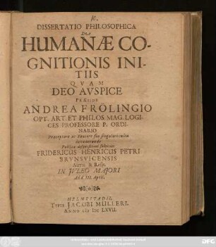 Dissertatio Philosophica De Humanae Cognitionis Initiis
