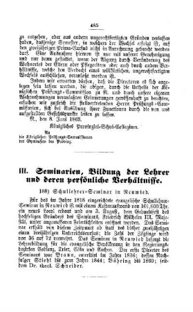 Schullehrer-Seminar in Reuwied : [III. Seminarien, Bildung der Lehrer und deren persönliche Verhältnisse]