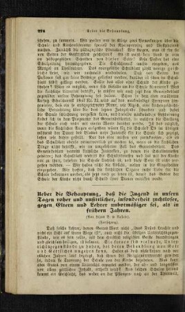 Ueber die Behauptung, daß die Jugend in unsern Tagen roher und unsittlicher, insonderheit zuchtloser, gegen Eltern und Lehrer unbotmäßiger sei, als in frühern Tagen : (Fortsetzung)