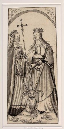 Die Heilige Margarete (mit gefesseltem Drachen und Kreuzstab) und Barbara (Katharina?, mit Schwert), einander zugewendet