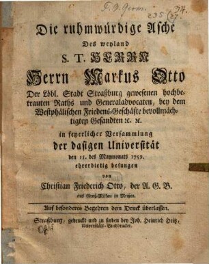 Die ruhmwürdige Asche des H. Markus Otto ...