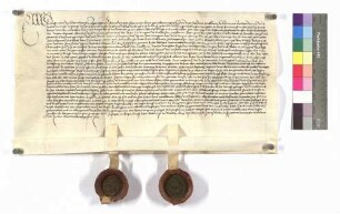 Graf Kraft von Hohenlohe bekennt eine Schuld gegenüber dem Stift zu Öhringen, wofür die Beet zu Öhringen versetzt wird; Siegel: Kraft von Hohenlohe und Stadt Öhringen.