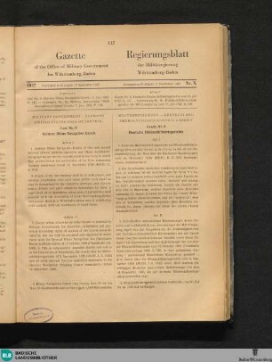 Gazette of the Office of Military Government for Württemberg-Baden : = Regierungsblatt der Militärregierung Württemberg-Baden