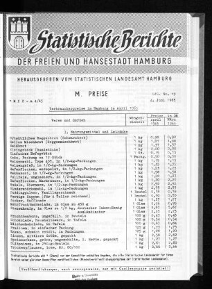 Verbraucherpreise in Hamburg im April 1965 : Lfd. Nr. 19