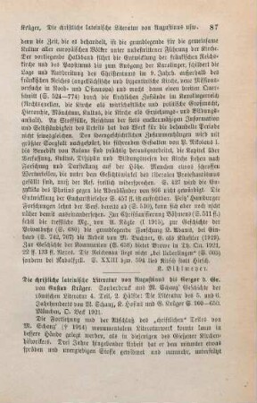 87-88 [Rezension] Krüger, Gustav, Die christliche lateinische Litteratur von Augustinus bis Gregor d. Gr.