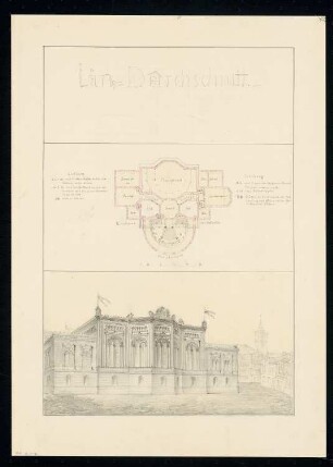 Ständehaus Monatskonkurrenz Februar 1835: Grundriss Erdgeschoss, perspektivische Ansicht der Rückansicht; Maßstabsleiste
