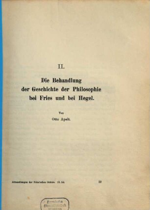 Die Behandlung der Geschichte der Philosophie bei Fries und bei Hegel