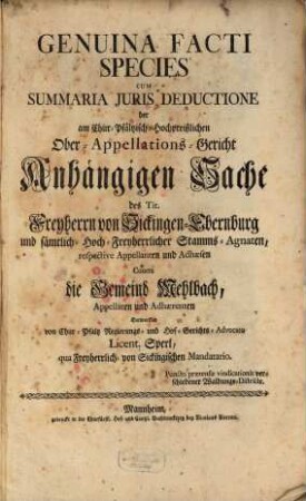 Genuina facti species : [in Sachen von Sickingen-Ebernburg contra Gemeinde Mehlbbach]