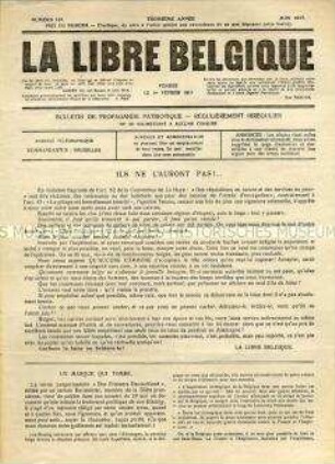 Illegale Wochenzeitung aus dem besetzten Belgien "La Libre Belgique" u.a. über deutsche Plünderungen in Belgien sowie zur deutschen Mentalität