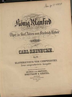 König Manfred : Oper in fünf Akten von Friedrich Röber ; op. 93