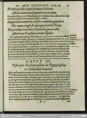 Caput III. Testes pro Harlemsibus de typographia in Hollandia inventa