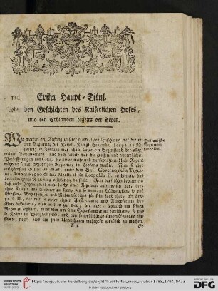 Erster Haupt-Titul: Von den Geschichten des Kaiserlichen Hofes, und den Erblanden disseits der Alpen