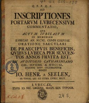 Ad Inscriptiones Portarvm Lvbecensivm Commentatio