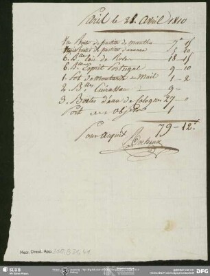 Rechnung von Unbekannt an August Wilhelm von Schlegel, o.O., 28.04.1810