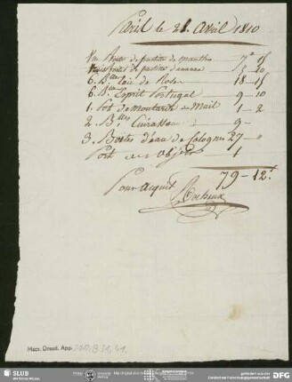 Rechnung von Unbekannt an August Wilhelm von Schlegel, o.O., 28.04.1810