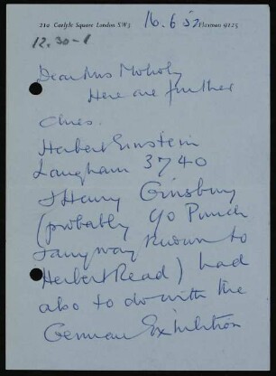 Dear Mrs Moholy, Here are further clues...