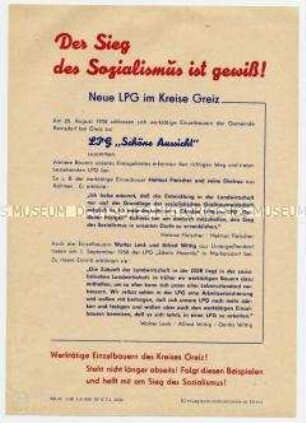 Agitationsblatt an Einzelbauern im Kreis Greiz zum Eintritt in die LPG