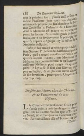 Du soin des moeurs chez les Chinois, & de l' ancienneté de leur histoire