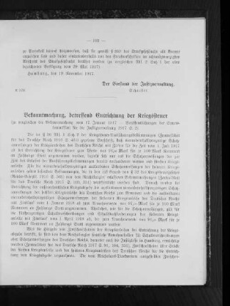 Bekanntmachung, betreffend Entrichtung der Kriegssteuer