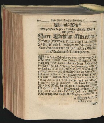 Articuls-Brieff/ ... des Herrn Christian Albrechten/ Erben zu Norwegen ... Schleswig-Holstein ...
