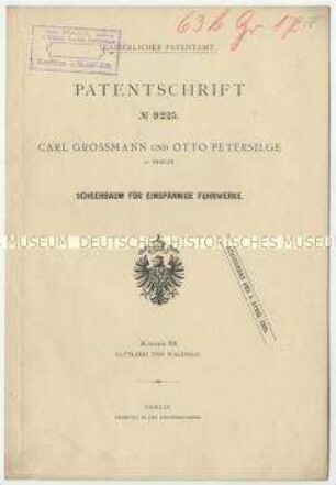 Patentschrift eines Scherbaumes für einspännige Fuhrwerke, Patent-Nr. 9225