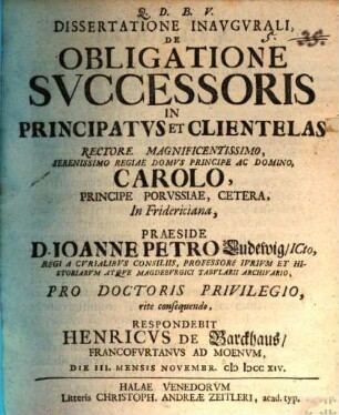 Dissertatione Inavgvrali, De Obligatione Svccessoris In Principatvs Et Clientelas