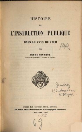 Histoire de l'instruction publique dans le pays de Vaud