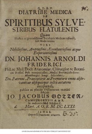 Diatribe Medica De Spiritibus Sylvestribus Flatulentis