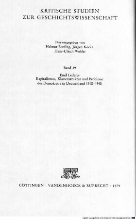 Kapitalismus, Klassenstruktur und Probleme der Demokratie in Deutschland : 1910 - 1940 ; ausgewählte Aufsätze