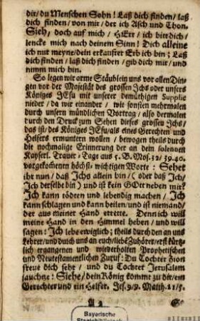Eine Aufmunterung zum Sehen des Grossen Ichs, oder Königes Jesu, als dessen Name vor den Gemeinden stets getragen werden solle : samt einem öffentlichen Gebet, welches an dem ersten Tage des 1741sten Jahrs von allen Evangelischen Cantzeln in der des Heil. Römischen Reichs Freyen Stadt Augspurg nach den Vor- und Nachmittags-Predigten gesprochen worden