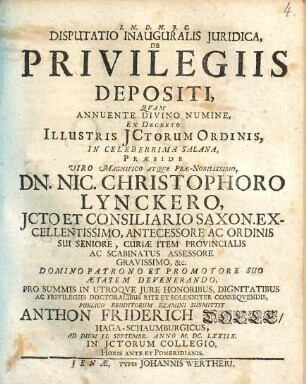 Disputatio Inauguralis Juridica De Privilegiis Depositi