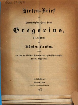 Hirtenbrief. 1856, 28. Aug.