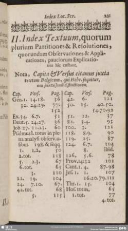 II. Index Textuum, quorum plurium Partitiones & Resolutiones, quorundam Observationes & Applicationes, pauciorum Explicationes hic exstant