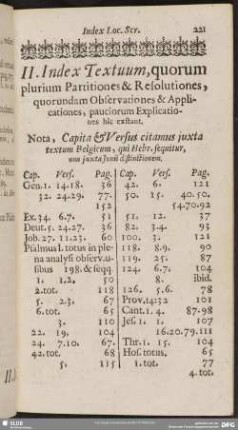 II. Index Textuum, quorum plurium Partitiones & Resolutiones, quorundam Observationes & Applicationes, pauciorum Explicationes hic exstant
