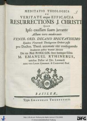 Meditatio Theologica De Veritate atque Efficacia Resurrectionis J. Christi