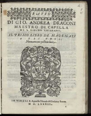 Giovanni Andrea Dragoni: Il primo libro de madrigali a sei voci. Basso