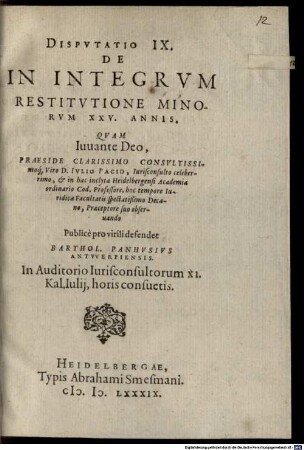 Disputatio IX. de in integrum restitutione minorum XXV. annis