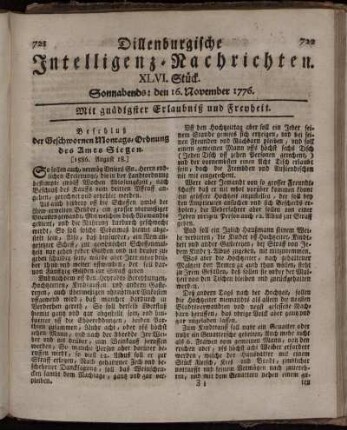 XLVI. Stück: Sonnabends: den 16. November 1776.